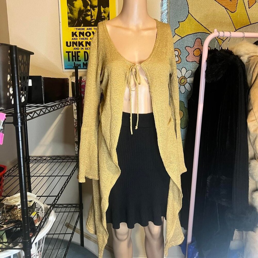 Y2K G.A.S Bohemian Gold Sheer Bell Sleeve Tie-Front Cardigan - Picture 7 of 7